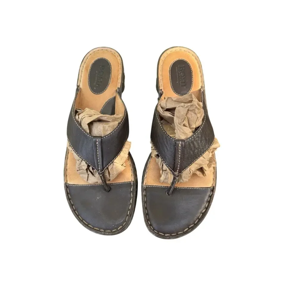 Born Brown Leather Slip On Thong Flip Flop Comfort Sandals W6490 A7 Women's 10
